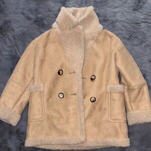 Zara Kids Double-Breasted Tan Faux Shearling Pea Coat Size 6